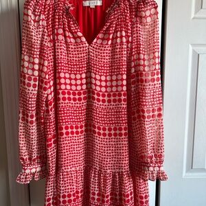 LOFT Red and White Geometric Long Sleeve Dress